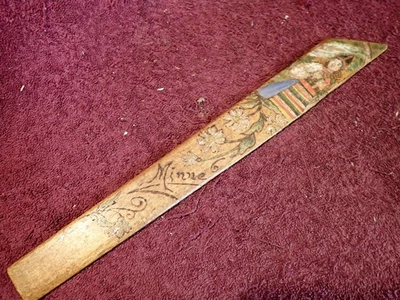 HANDMADE ANTIQUE WOOD TOOL w LADY IN NATIONAL COSTUME SWEDEN SWEDISH - Image 1 of 4