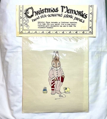 Vntg Hand Silk-Screened Fabric Panel #132 Nina Shaffer Girl Rabbit In Pajamas - Image 1 of 4