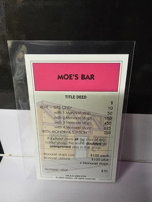 Monopoly Simpsons 2003 Spare parts. MOE'S BAR property card - Image 1 of 2