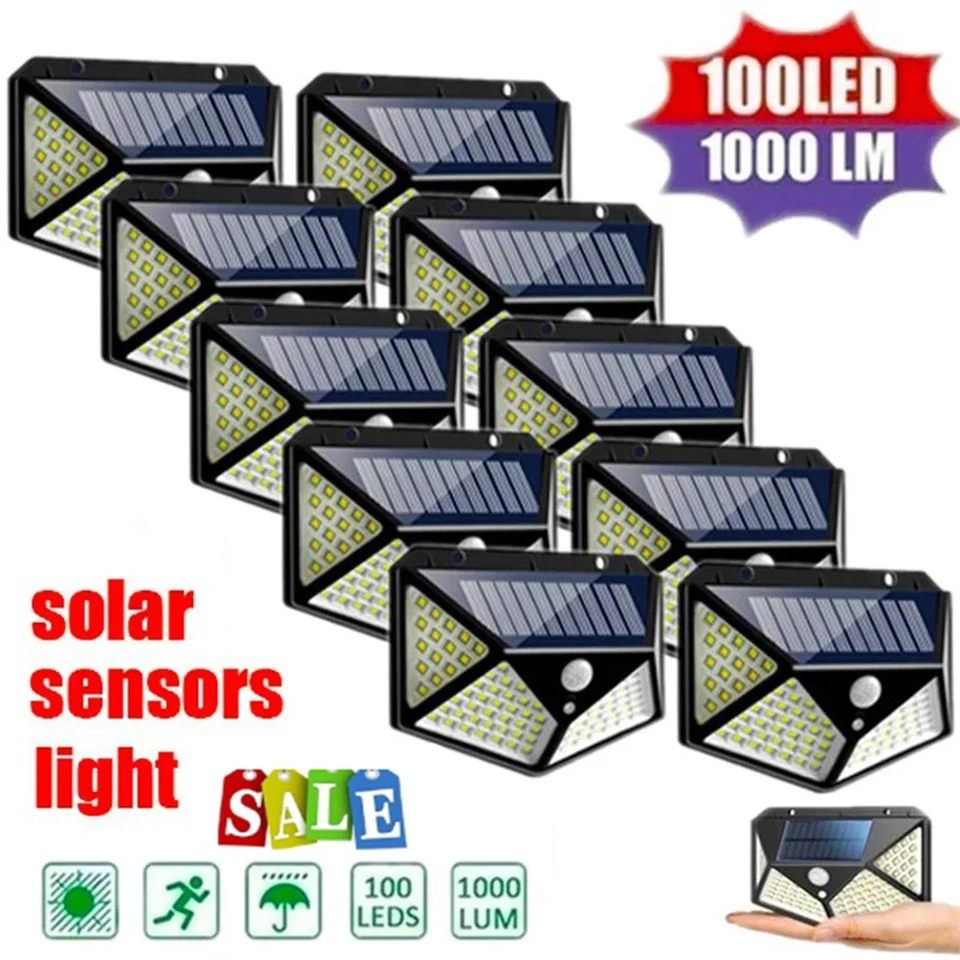 100 LED Solar Power PIR Motion Sensor Lights Wall Lamp Outdoor Garden Security - Image 1 of 4