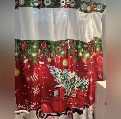 "Cortina de ducha de Navidad camión rojo con árbol de Navidad granja sin gancho 72""x72""" Foto 1 de 4
