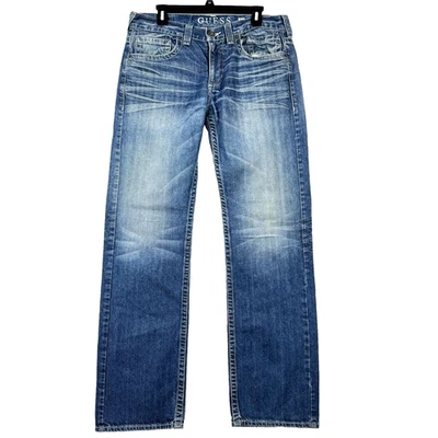 Guess Pasedena Straight Leg Men's 34x33 Denim Jeans Faded Distressed Pocket Flap - Image 1 of 4