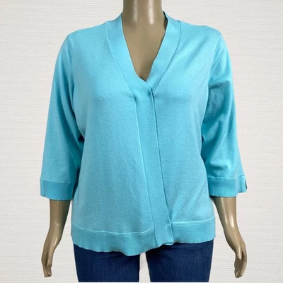 Avenue Cross Front 3/4 Sleeve Cardigan Sweater 26W 28W PLUS Light Sky Blue - Image 1 of 4