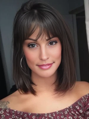 Medium Straight Black Brown Human Hair Blend Heat Ok Wigs With Bangs Women Soft - Image 1 of 4