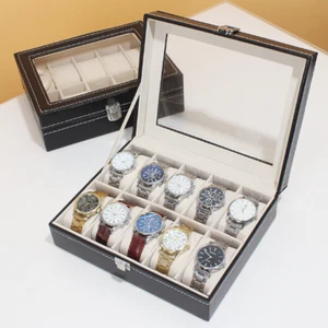1x Faux Leather 10 Slots Holders Glass Lid Velvet Lining Metal Clasp Watches Box - Picture 1 of 8