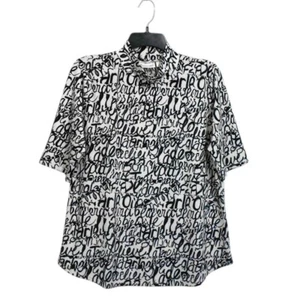 New York Co Top Womens L Ivory Black Polyester Mock Neck Short Sleeve Script - Picture 1 of 11