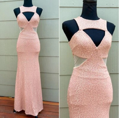 vtg Y2K Sexy Slinky Fairy Champagne Sequin Bias Cutout Sleeveless Party Dress - Image 1 of 4