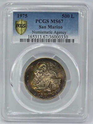 1975 SAN MARINO SILVER 500 LIRE, NUMISMATIC AGENCY, PCGS MS67, TOP RAINBOW COLOR - Image 1 of 2