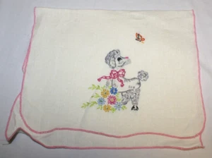 Vtg Hand Embroidered Flowers Poodle Butterfly Kitchen Hand Towel Tea Cloth Edgin - Picture 1 of 2
