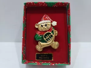 Vintage Christmas Bear Enamel Gold Tone Brooch Pin Holidays Christmas 2" NOS - Picture 1 of 3