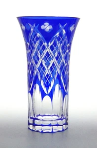 EDO KIRIKO Taburo Yotsuba Yarai Crest Tenkai Vase Ruri Blue 200mm 91765 JAPAN - Picture 1 of 1