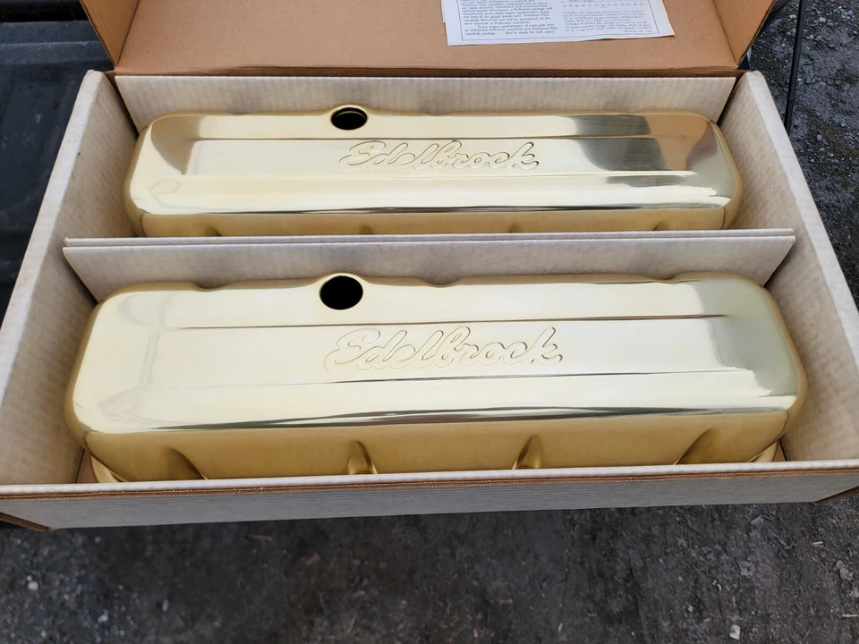 Vintage Edelbrock Gold Anodized Aluminum Valve Covers BBCBig Block Chevy . - Image 1 of 4
