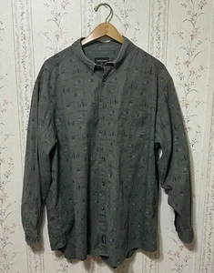 Chemise homme vintage Woolrich boutonnée manches longues verte imprimé pêche à la mouche 2XL - Photo 1/7
