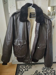 Vintage Cooper Genuine Brown Leather Bomber Jacket Faux Fur L. NICE!! - Picture 1 of 10