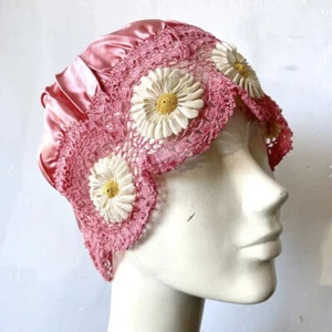 VTG 1920’s-1930’s Antique Silk Satin & Crocheted Sleeping Cap - Picture 1 of 10