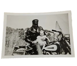 Vintage Photo Harley Davidson Biker Holding A Baby 1940's Black And White - Picture 1 of 2