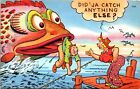 Postcard Humor Buxom Woman Hat Husband Mouth Of Giant Fish Fishing Sea Gull A125