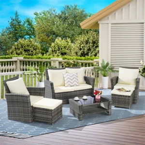 6 Pieces Rattan Outdoor Patio Furniture Set w/2 Removable Ottoman & Coffee Table - Picture 1 of 9