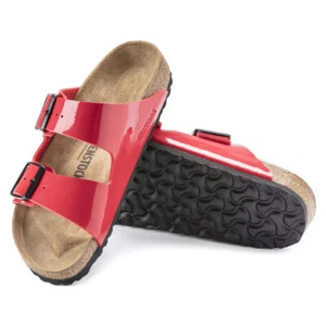 BIRKENSTOCK ARIZONA PATENT CHERRY RED SLIDE SANDALS GLOSSY