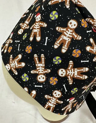 Men/Women Surgical Scrub Cap Lined Skeleton Gingerbread With Santa’s Hat. Cotton - Image 1 of 3