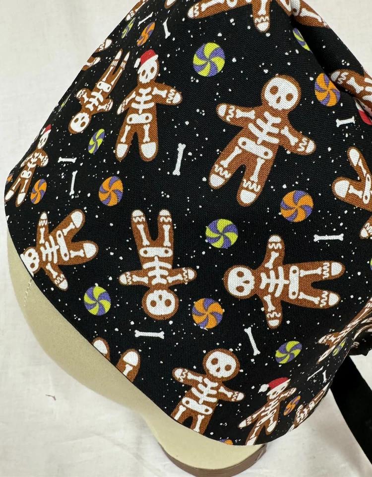 Men/Women Surgical Scrub Cap Lined Skeleton Gingerbread With Santa’s Hat. Cotton - Image 1 of 3