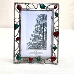 Zinn 4x6 Bilderrahmen Emaille rot grün Weihnachtsbeleuchtung geflochtene Kordel Kohls - Bild 1 von 24