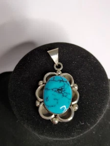 Vintage- Turquoise and Sterling Silver Pendant- Made in Mexico-2 Inches Long - Picture 1 of 4