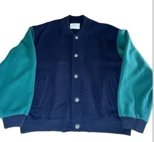 Vintage 80s Adidas Wool Varsity Bomber Jacket Navy Blue + Green - Picture 1 of 14