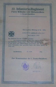 DEUTSCH - Regiments-Sterbeurkunde für einen gefallenen Soldaten. Bayern 22 Inf.Regt. - Bild 1 von 3