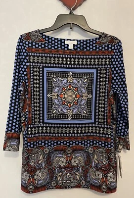 Charter Club Womens Petite Large Blue Geometric Print Tunic Blouse NWT! A1689 - Image 1 of 4