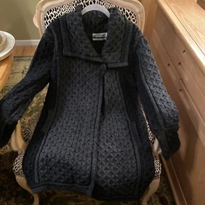 Aran Crafts Sz M Charcoal Gray One-Button Long Cardigan Sweater Jacket Ireland - Picture 1 of 10