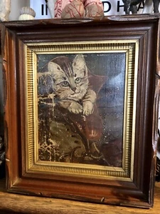 Arte popular del siglo XIX óleo sobre lona gatito gato en bota, ingenuo, enmarcado - Imagen 1 de 6