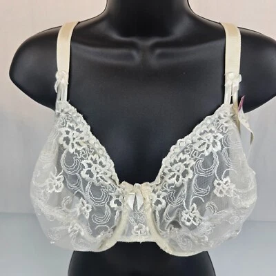 NWT Vtg JUST MY SIZE 1992 Second Skin Satin Sheer Embroidered 42D White Bra - Image 1 of 4