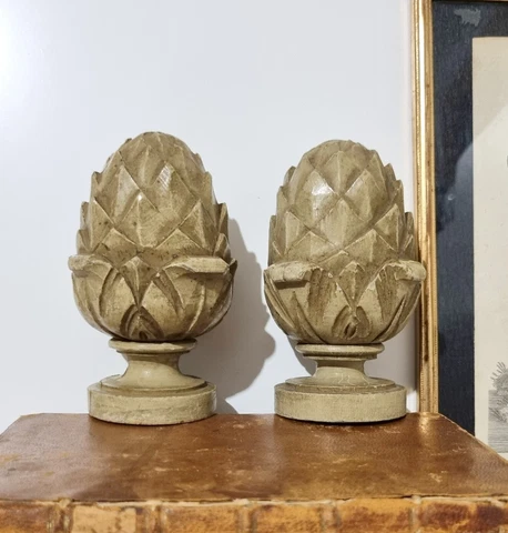 Pair antique French wood carving post finial topper Patinated pinecones 4.57" Cover
