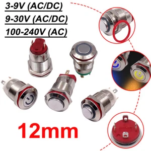 12mm Metal Druckschalter Tastend Rastend LED Beleuchtung Drucktaster Wasserdicht - Picture 1 of 34