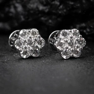 Flower Cluster 14K White Gold 0.97Ct VVS Lab Grown Diamond Screw Back Earrings - Picture 1 of 7