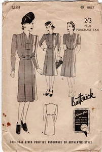 40" Vintage ORIGINAL 1940s Dress Wartime Fashion Sewing Pattern Butterick 1233 - Picture 1 of 3