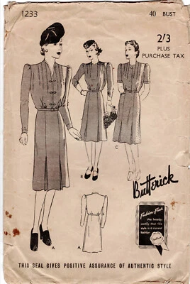 40" Vintage ORIGINAL 1940s Dress Wartime Fashion Sewing Pattern Butterick 1233 - Image 1 of 3