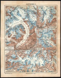 European Glaciers 1909 Meyers Antique Map - Picture 1 of 1