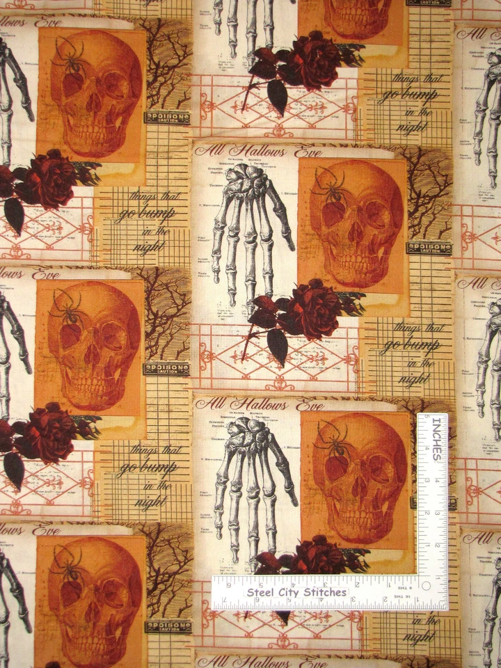 Halloween Esqueleto Mano Calavera Rosas Espeluznante 1 Tela Algodón CP69284 Por Yarda Foto 1 de 1