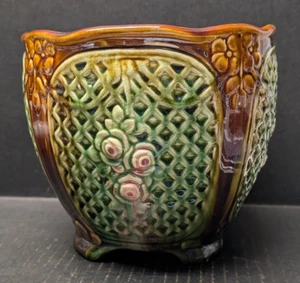 Vintage 1910 WELLER Art Nouveau Lattice Rose Blended Glaze Jardiniere 7"H *Read* - Picture 1 of 9