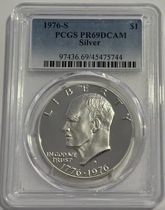 1976 S $1 PCGS PR69 Dcam Proof 40% Silver Bicentennial Eisenhower Dollar Blue Lb - Picture 1 of 3