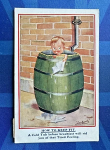 Tarjeta postal cómica años 20 ejercicio CÓMO MANTENERSE EN FORMA una bañera fría antes del desayuno - Imagen 1 de 2