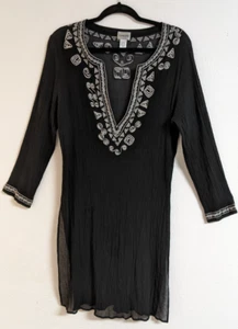CHICO'S Women's Black Silk Embroidered Deep-V Cover-Up Beach Cruise 10/12 - Picture 1 of 11