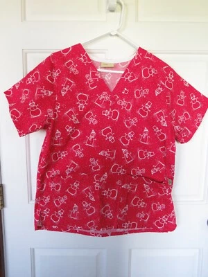 Tafford Womens Scrub Top Medical Shirt Workwear S/S Red Snowman V-Neck Cotton - Image 1 of 4