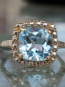 Aquamarine Labcreated Cushion Cut & Diamond Ring 10kt Solid Yellow Gold  - Picture 1 of 12