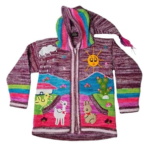 Kids Alpaca Wool Knit Zip Up Sweater Jacket Hood Cactus Animals Made In Peru - Picture 1 of 6