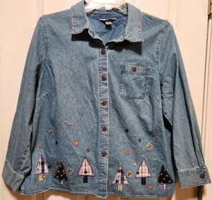 CJ Banks BLOUSE / JACKET Tree-Theme Blue Denim Embroidered - 1x - Bild 1 von 5