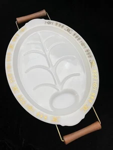 Fire King Meat Serving Platter w/Gravy Well Milk Glass Gold Accents with STAND - Picture 1 of 9