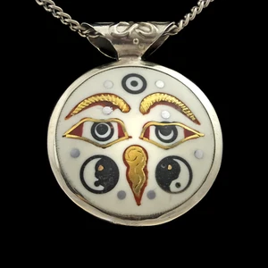 Amulet Eye Buddha White Golden Yin Yang Sun Mantra Double Sided Pendant j41 - Picture 1 of 6